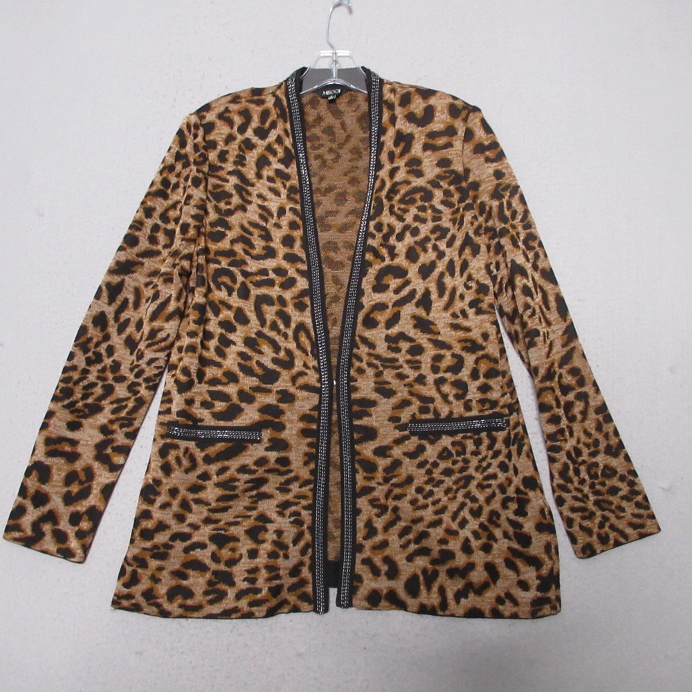 Misook Sweater Cardigan Small Leopard Animal Print Chain Trim Statement Timeless